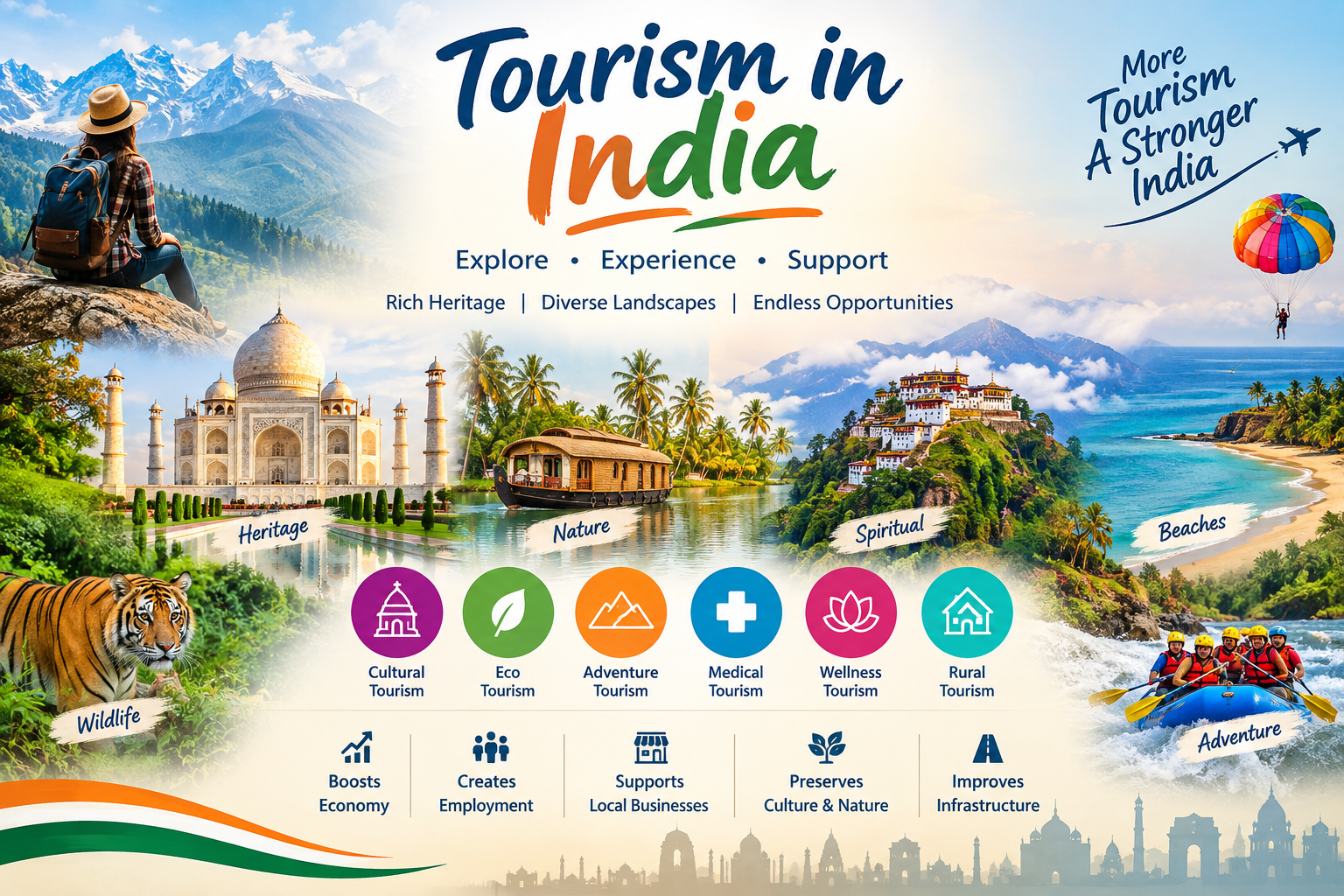 Image Alt Text: Tourism in India featuring heritage sites, beaches, mountains, wildlife, backwaters, spiritual destinations, adventure activities, and sustainable tourism benefits.